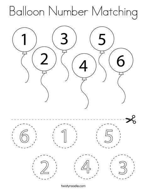 Balloon Number Matching Coloring Page Twisty Noodle Numbers