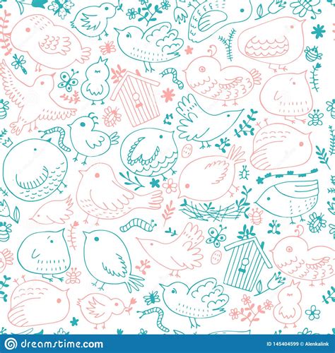 Seamless Vector Pattern Of Birds Collection Of Cute Hand Drawn Bird