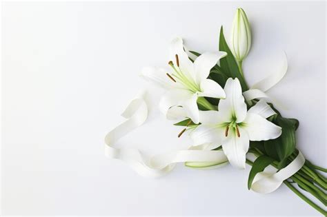 Premium Ai Image White Lily Bouquet With Ribbon On White