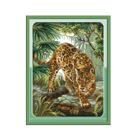 Kit De Point De Croix L Opard De La Jungle Aida Toile Imprim E 14ct