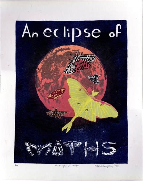 An Eclipse Of Moths Lino Block Print Of A Group Of Moths An Moon At