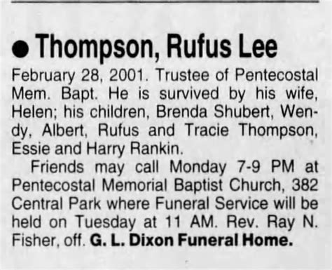 Obituary For Rufus Lee Thompson