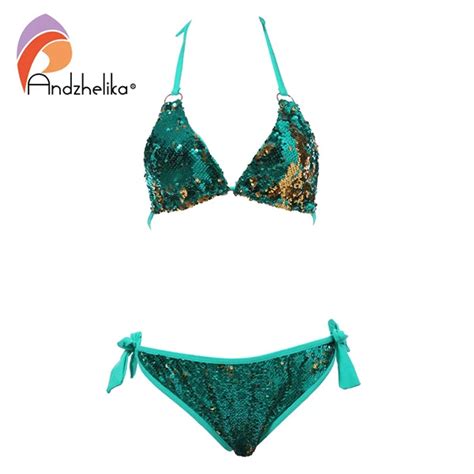 Buy Andzhelika Bikini Women Sexy Double Sided Color Sequin Bikini Set Brazilian