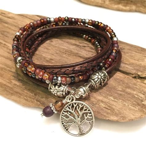 Brown Leather Bracelet Stack Boho Wrap Bracelet Leather Bracelet Beaded Wrap Bohemian