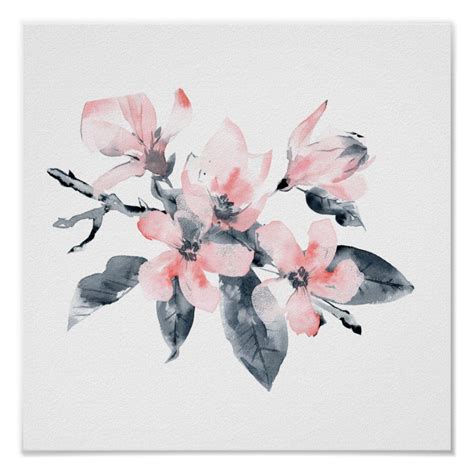 Pink And Gray Flowers Classy Watercolor Poster Zazzle Flower Wall Art