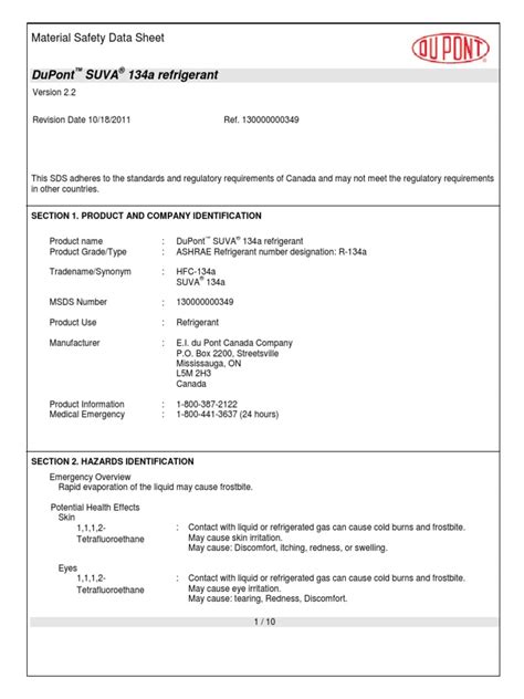 Msds Dupont R134a Refrigerant Pdf Fires Toxicity