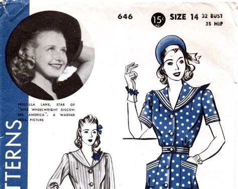 1940s Vintage Hollywood Sewing Pattern 646 One Piece Dress With Sailor Collar Size 14 Bust 32