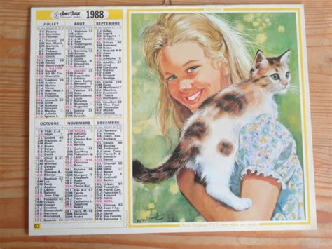 Calendrier Almanach Dessin Fille Chat Chien Facteur Poste Vintage