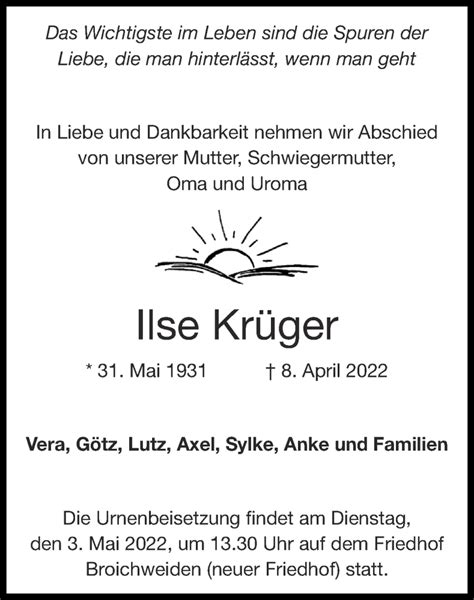 Traueranzeigen von Ilse Krüger Aachen gedenkt