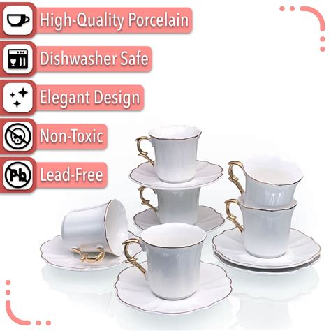 BTaT Espresso Cups And Saucers 2 4 Oz Set Of 6 Gold Trim And Gift