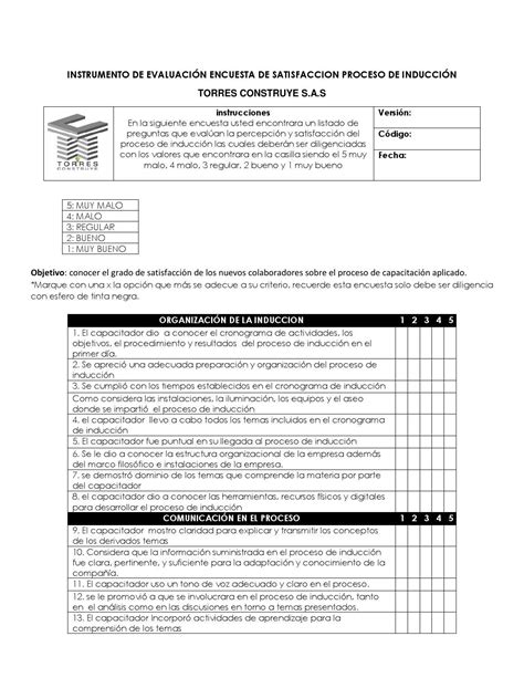 Instrumento De Evaluaci N Encuesta De Satisfaccion Proceso De Inducci N