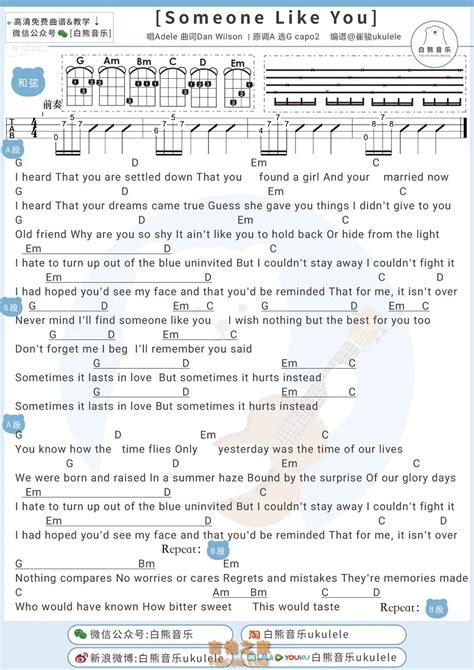 Adele《someone Like You》尤克里里谱 白熊音乐 尤克里里谱 吉他之家