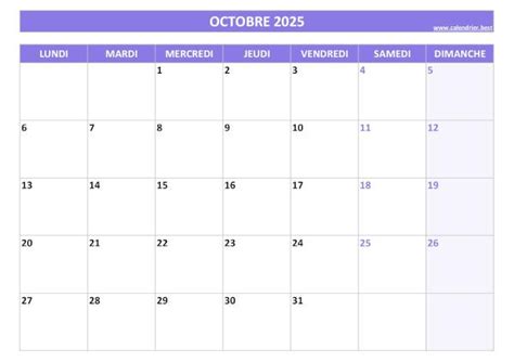 Calendrier Octobre 2025 à consulter ou imprimer Calendrier best