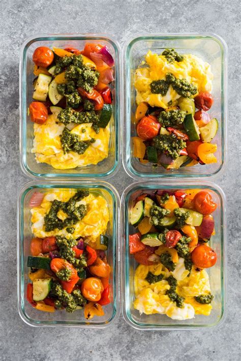 Meal Prep Breakfast Bowls With Eggs Roasted Vegetables And Pesto