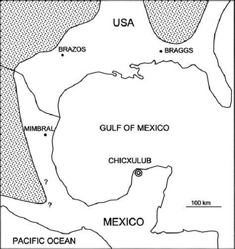 Map of Gulf of Mexico, showing site of Chicxulub crater and key K~T ...