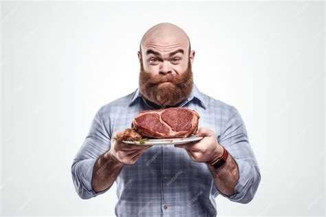 premium photo strong man eating  steak white background generative ai