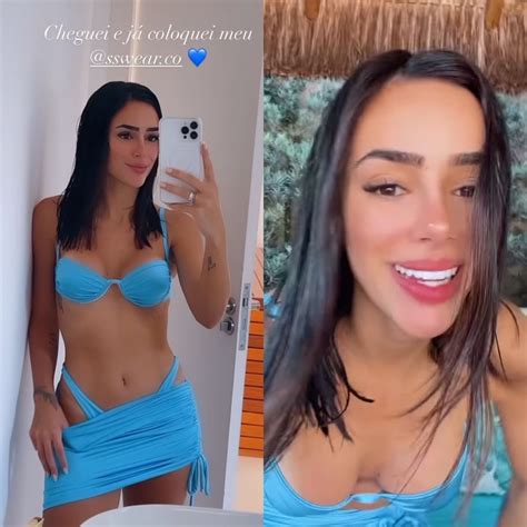 Bruna Biancardi retorna ao Brasil e elege biquíni azul para banho de