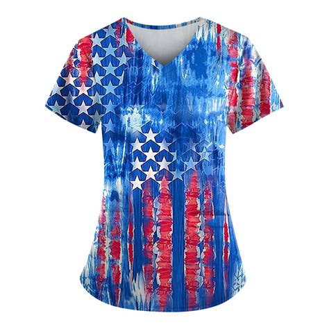 Uocefik Th Of July Womens Scrubs Petite Short Sleeve Patriotic Working