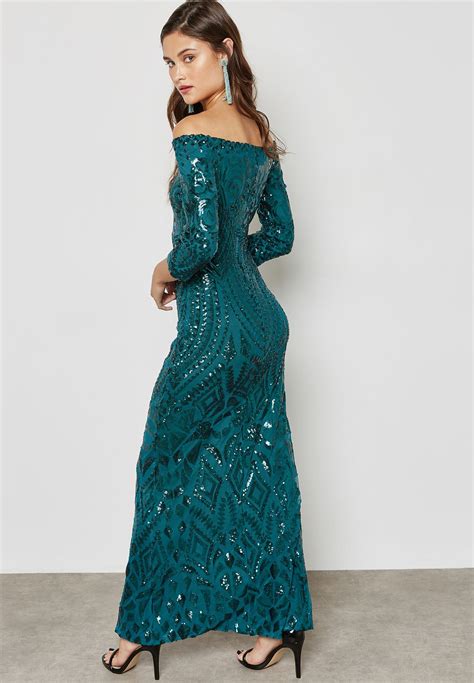 Buy Quiz Green Sequin Bardot Maxi Dress For Women In Mena Worldwide