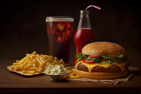 Una hamburguesa y papas fritas están sobre una mesa con una botella de