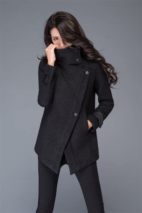 Asymmetrical Wool Coat In Black Winter Coat Women Wool Coat High Collar Wool Coat Plus Size