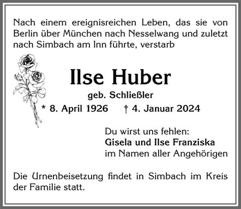 Traueranzeigen Von Ilse Huber Allg Uer Zeitung