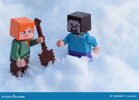 Minecraft LEGO Figures of Steve and Alex Standing in Real Deep Snow ...