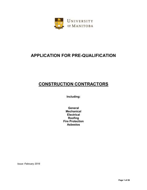 Application For Pre Qualification Construction Contractors Including