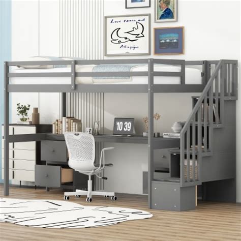 Simplie Fun Twin Size Loft Bed Frame With Built In Desk And Double Storage Drawers Gray 1