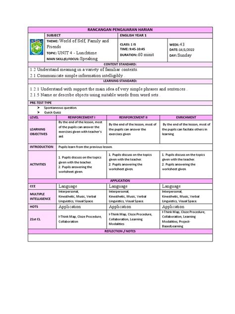 Subject English Year 1 Rancangan Pengajaran Harian Pdf Linguistics