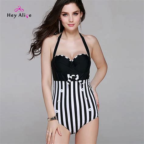 New Plus Size Swimwear Solid Striped S Xxl One Piece Swimsuits Halter Padded Push Up Sexy