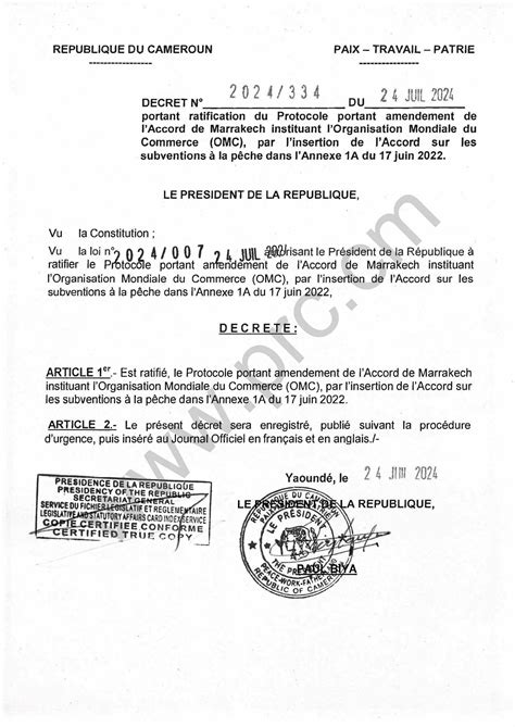 D Cret N Du Juillet Portant Ratification Du Protocole