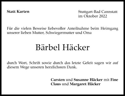 Traueranzeigen Von B Rbel H Cker Stuttgart Gedenkt De