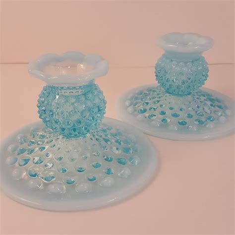 Fenton Blue Opalescent Hobnail Flat Base Candle Holders A Pair Chairish