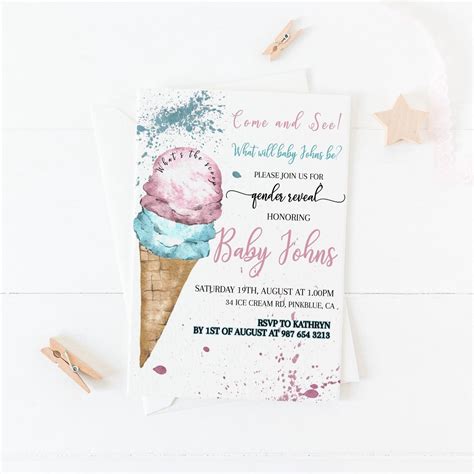 Ice Cream Gender Reveal Invitation Pink Or Blue Reveal Invite With