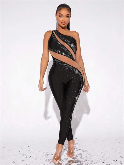 Shein Sxy One Shoulder Sheer Mesh Insert Rhinestone Unitard Jumpsuit