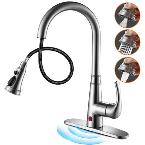 Cobbe Brushed Nickel Single Handle Touchless Pull Down Kitchen Faucet With Sprayer Deck Plate