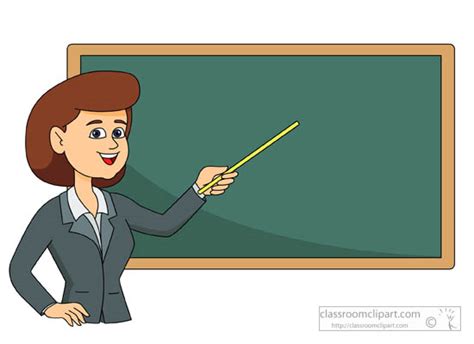 School Teacher Holding Pointer At Blank Chalkboard Classroom Clipart