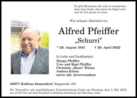 Traueranzeigen Von Alfred Pfeiffer Rz Trauer De