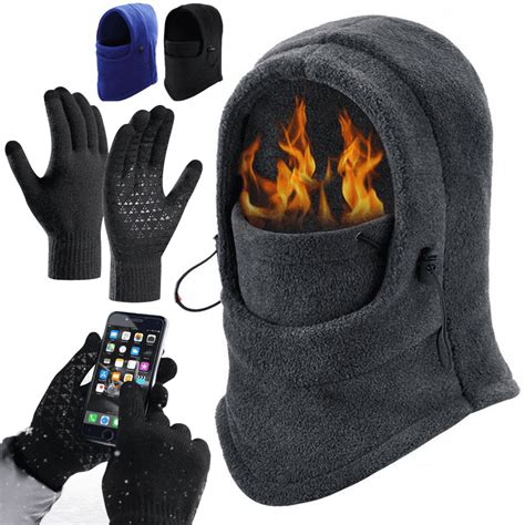 Winter Hats Gloves Set Ski Mask Fleece Full Face for Outdoor Motorcycle ...