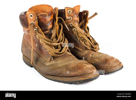 Pair Of Old Worn Brown Leather Work Boots On White Stock Photo Alamy