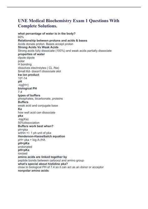 UNE Medical Biochemistry Exam 1 Questions With Complete Solutions