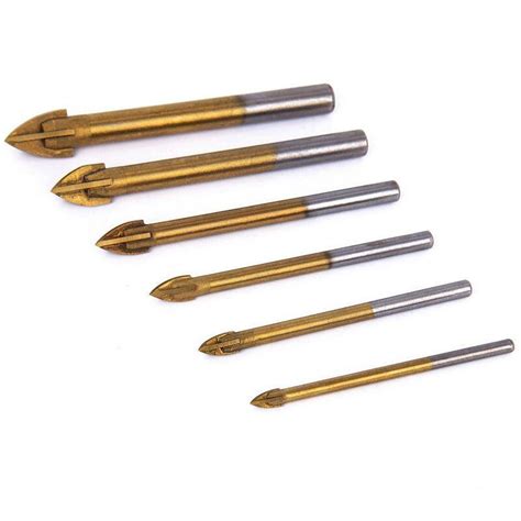 6pcs Titanium Coated Glass Drill Bits Set 4 Cutting Edges Cross Spear