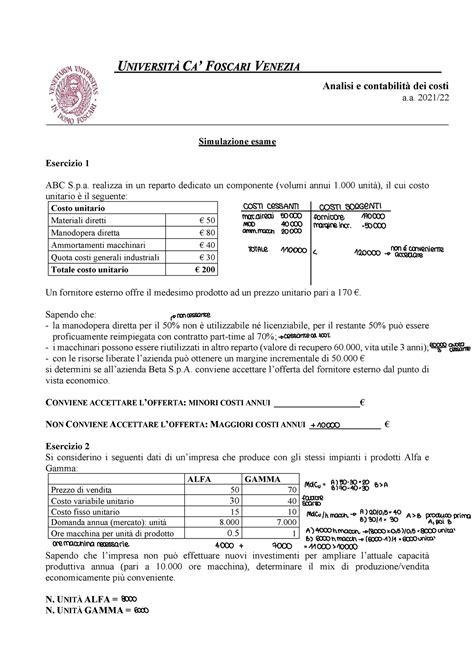 Simulazione Analisi E Contabilit Dei Costi Simulazione Esame