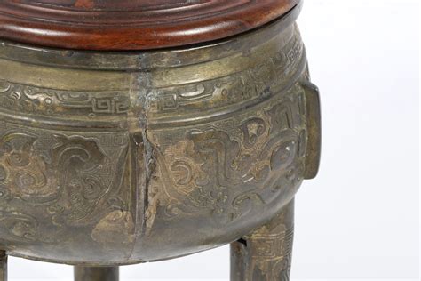 Lot Chinese Archaistic Bronze Tripod Ding Censer With Incised