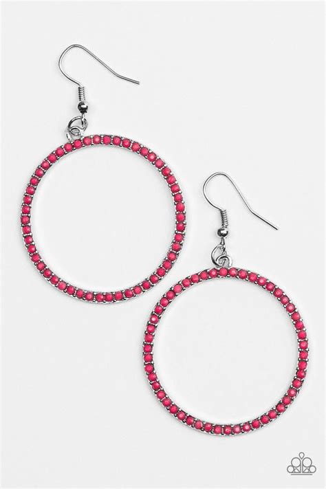 Paparazzi Spring Party Pink Bead Silver Hoop Earrings Pink Earrings