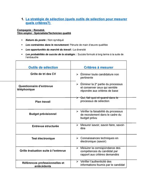 La stratégie de sélection 1 La stratégie de sélection quels outils