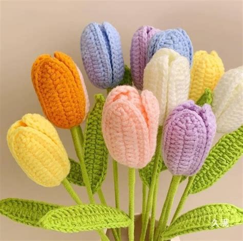 Hand Woven Crochet Tulip Heart Shape Love Pink Red Blue Yellow Orange