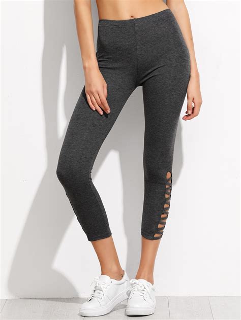 Dark Grey Lattice Hem Leggingsfor Women Romwe Lattice Hem Leggings