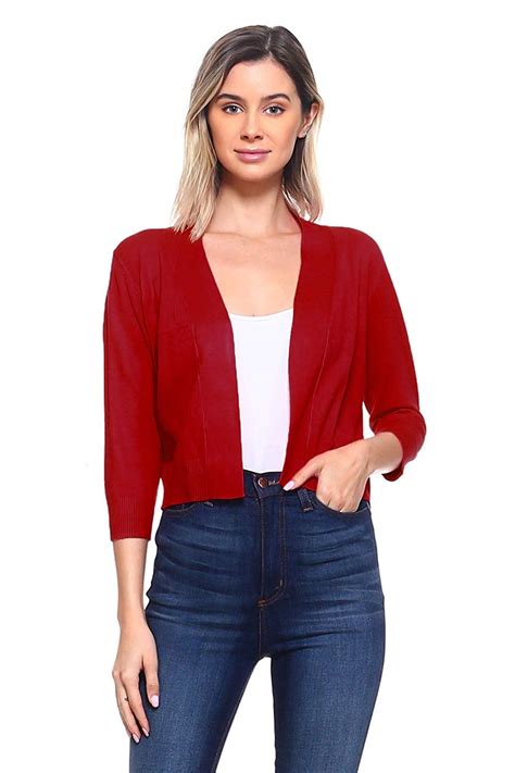 Womens Soft Solid Open Front Cropped 3 4 Sleeve Bolero Shrug Cardigan